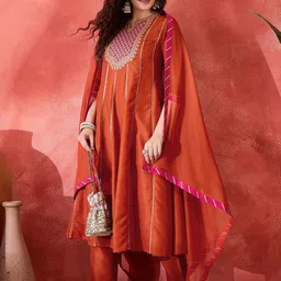 Sangria Zari Sequence Cording Embroidery With Lace A Line Kurta With Trousers & Dupatta-1