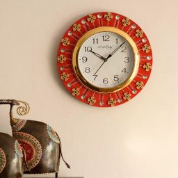 eCraftIndia KWC585 Crystal and Geometric Blocks Studded Red Wooden Handcrafted Wall Clock-image-25