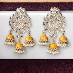 ADIVA Gold Plated Dome Shaped Kundan Studded & Pearl Beaded Meenakari Drop Earrings-13