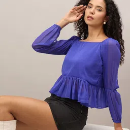 The Roadster Lifestyle Co. Women Square Neck Long Sleeves Hem Tops-picture-40