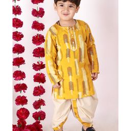 Little Bansi Full Sleeves Herringbone Motif Print Kurta And Dhoti - Yellow And Cream-image-1