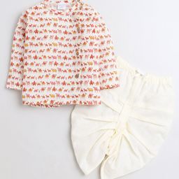 Polka Tots Full Sleeves Camel Printed Angarkha Kurta With Solid Dhoti - Cream-image-75