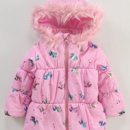 Little Kangaroos Full Sleeves Hooded Quilted Jacket Unicorn Print - Pink-image-87