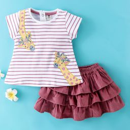 Toffyhouse Cotton Half Sleeves Striped Tops And Corduroy Skirts Giraffe Patch - White & Magenta-image-57