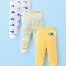 Babyhug Cotton Footed Bootie Leggings Striped & Tortoise Printed Pack of 3 - Yellow & Blue-image-27