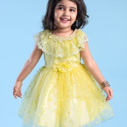 Babyhug Woven Sleeveless Party Wear Frock with Floral Corsage & Lace Detailing - Yellow-image-2