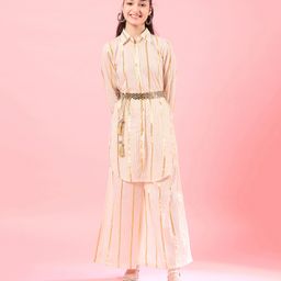 Pspeaches Full Sleeves Lurex  Striped & Tassel Detailed Palazzo Set - Off White-image-70