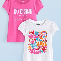 Honeyhap Premium 100% Cotton Knit Half Sleeves Top with Bio Finish Floral & Text Print Pack of 2 - Pink & Bright White-image-66