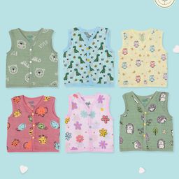 A Toddler Thing  Organic Muslin Cotton Pack Of 6  Sleeveless Floral & Animal Printed Jhablas - Blue Pink & Yellow-image-86