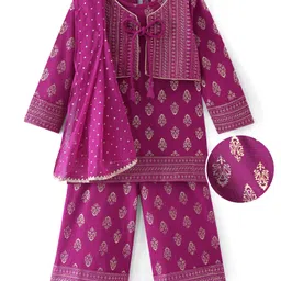 EARTHY TOUCH Knit Full Sleeves Printed Kurta Salwar & Dupatta Set with Attached Shrug - Dark Pink-picture-23