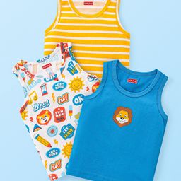 Babyhug 100% Cotton Sleeveless Sandos With Stripes & Animal Print Pack of 3 - Yellow White & Blue-image-2