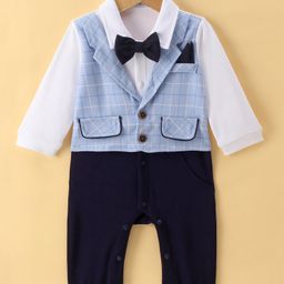 Mark & Mia Full Sleeves Party Romper with Attached Checkered Waist Coat & Bow - Light & Navy Blue-image-78