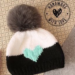 Woonie Handknitted Intarsia Pom Pom & Heart Detailed Cap - Black-picture-7