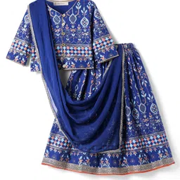 EARTHY TOUCH Single Jersey Knit Three Fourth Sleeves Lehenga Choli Set With Floral Foil Print Lace Detailing & Dupatta - Royal Blue & Gold-picture-27