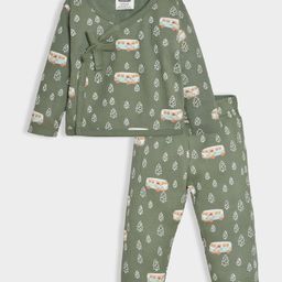 Mi Arcus 100% Cotton Full Sleeves Vehicle & Tree Printed Wrapover Top with Coordinating Pajama Set - Green-24