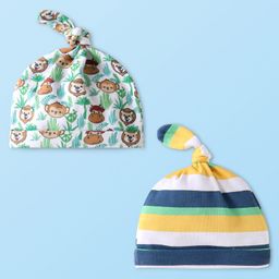 Babyhug Interlock Knit Caps with Animal Prints & Stripes Pack of 2 - White-18