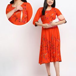 True Shape Three Fourth Sleeves Floral Printed Maternity Kurta With Concealed Zipper Nursing Access - Orange-52