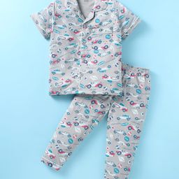 CUCUMBER Sinker Knit Half Sleeves Night Suit with Car Print Print - Grey-image-12