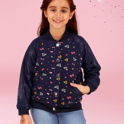 Cutecumber Velour Full Raglan Sleeves Bow Printed & Shimmered Varsity Jacket - Navy Blue-picture-42