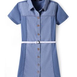 Pine Kids Cotton Woven Half Sleeves Cut & Sew Frock with Belt - Blue-image-33