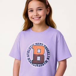 Pine Kids Cotton Knit Half Drop Shoulder Sleeves T-Shirt with Text Print - Lavender-picture-14