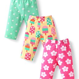 Babyhug Cotton Lycra Knit Capri Length Leggings With Floral & Ice Cream Print Pack of 3 - Dark Pink Yellow & Sea Green-image-33