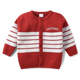 Babyhug Knitted Full Sleeves Front Open Sweater with Stripes & Text Embroidery - Dark Red-image-25