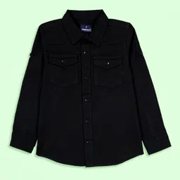 Kiddopanti Cotton Woven Full Sleeves Solid Pocket Detailed Shirt - Black-picture-2