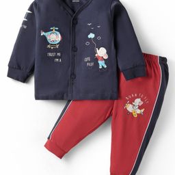 CUCUMBER Sinker Knit Full Sleeves Front Open T-Shirt & Lounge Pant Set With Animal Print - Charcoal Grey & Red-image-14