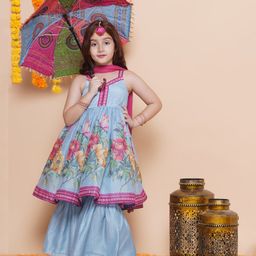 Bitiya By Bhama Silk Woven Sleeveless Floral Printed Kurta Sharara With Dupatta Set - Blue-image-92