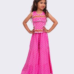 Twisha Cotton Woven Sleeveless Elephats & Polka Dots Printed Floral Embroidered Top & Sharara Set - Baby Pink & White-picture-49