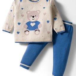 ToffyHouse Cotton Knit Full Sleeves Winter Wear T-Shirt & Lounge Pant Set With Teddy Bear & Heart Print - White & Blue-picture-6