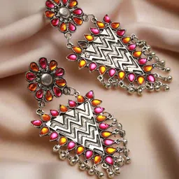 Sangria German Silver Plated Stones Studded & Ghugroo Floral Shaped Oxidised Drop Earrings-55