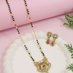 I Jewels Gold-Plated Artificial Stones Studded & Beaded Mangalsutra With Earrings-image-28