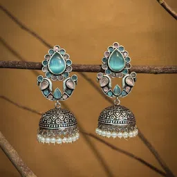 NAMAN ARTS Silver Plated Stones Studded & Beaded Oxidised Dome Shaped Jhumkas-image-73