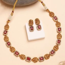 KARATCART Gold Plated Stone Studded Laxmi Mata Temple Necklace and Earrings-12