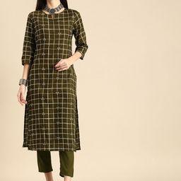 Anouk Women Olive Green & White Checked Printed Pure Cotton Kurta with Trousers-29