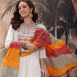 Sangria Yoke Design Mirror Work Embroidered Kurta With Trousers & Bandhani Print Dupatta-picture-49