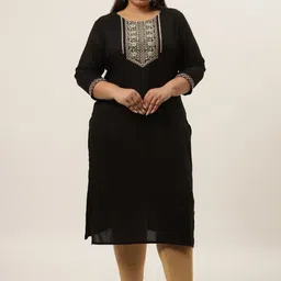 KALINI Floral Yoke Design Notch Neck Thread Work Straight Kurta-picture-5