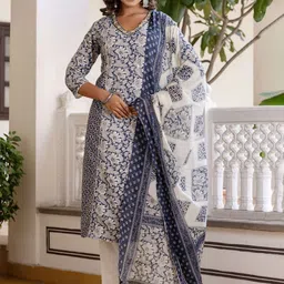 Kohsh Women Floral Printed Cotton Kurta with Trousers & Dupatta-image-59