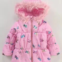 Little Kangaroos Full Sleeves Hooded Quilted Jacket Unicorn Print - Pink-picture-12