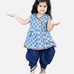 Bownbee 100% Cotton Sleeveless Indo Western Giraffe Printed Kurta Styled Top Dhoti Set - Blue-image-54