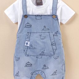 Little Kangaroos 100% Cotton Half SleevesT-Shirt Jaquard Strip Dungarees Set Ship Print - Blue & White-picture-17