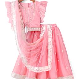 Babyhug Short Flutter Sleeves Embroidered Net Choli Lehenga And Dupatta Set - Pink-image-30