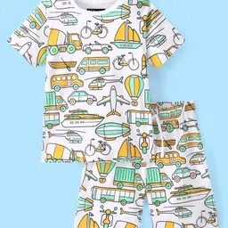 Pine Kids 100% Cotton Knit Single Jersey Night Suit With Vehicles Print - White & Green-picture-37