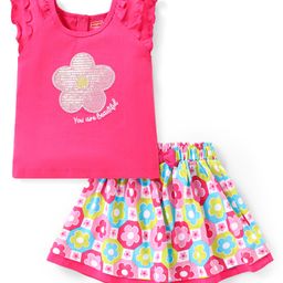 Babyhug Single Jersey Half Frilled Sleeves Top with Sequins & Skirt Set Floral Print - Pink-image-119
