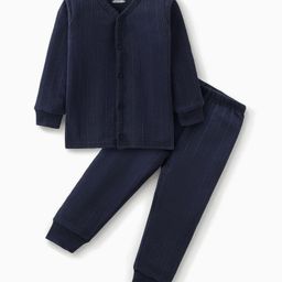 Babyhug Full Sleeves Front Open Solid Thermal Vest & Pant - Navy Blue-image-13