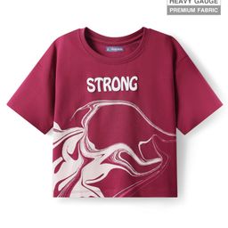 Pine Kids Cotton Knit Half Drop Shoulder Sleeves Oversized Fit T-Shirt With Text Print - Maroon-picture-22