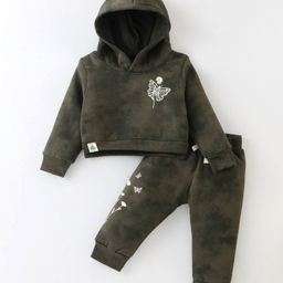 Ollypop Fleece Knit Full Sleeves Hooded Winter Wear Suit With Floral & Butterfly Print - Olive-image-54