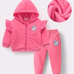 Kookie Kids Full Sleeves Hooded Front Zipper Winter Wear Suit With Kangaroo Pocket & Bunny Badge - Fuchsia-image-90